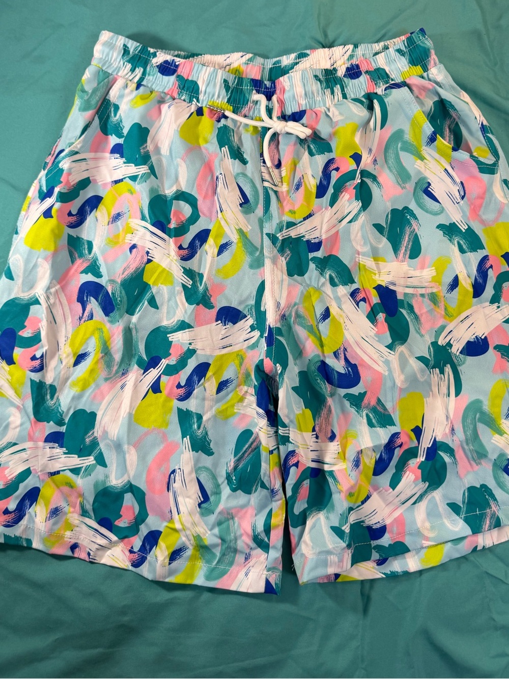 Kids' Aqua Abstract Beachware Swim Shorts with Multicolor Brushstroke Indie Arts